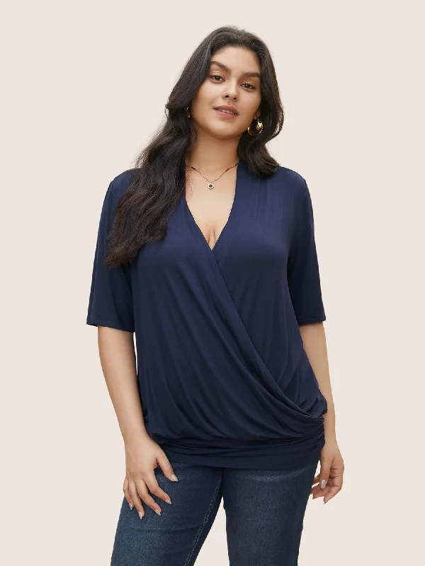 Drape Deep V Neck Wrap Gathered T-shirt