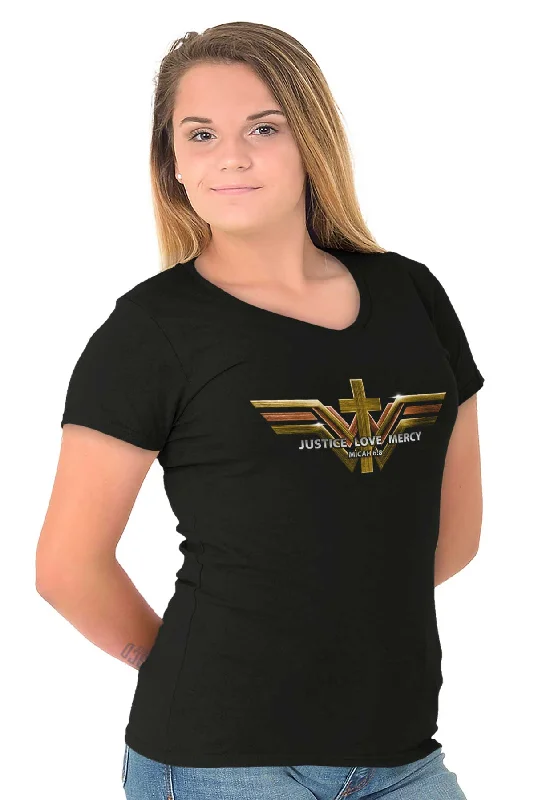 Justice Love Mercy Junior Fit V-Neck T-Shirt