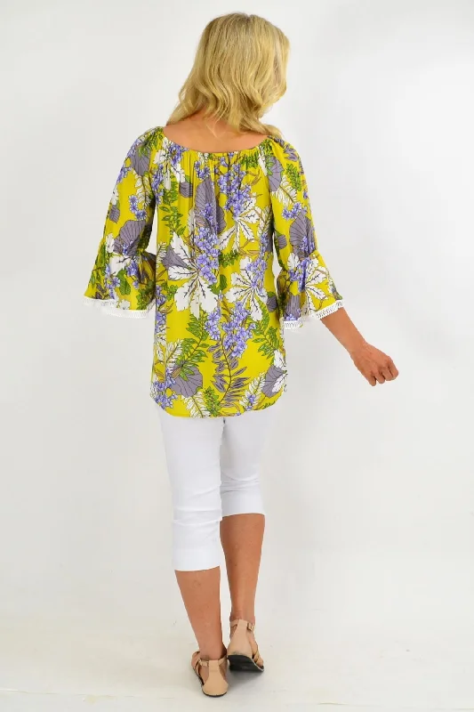 Mustard Tropical Tassel Off shoulder Tunic Top