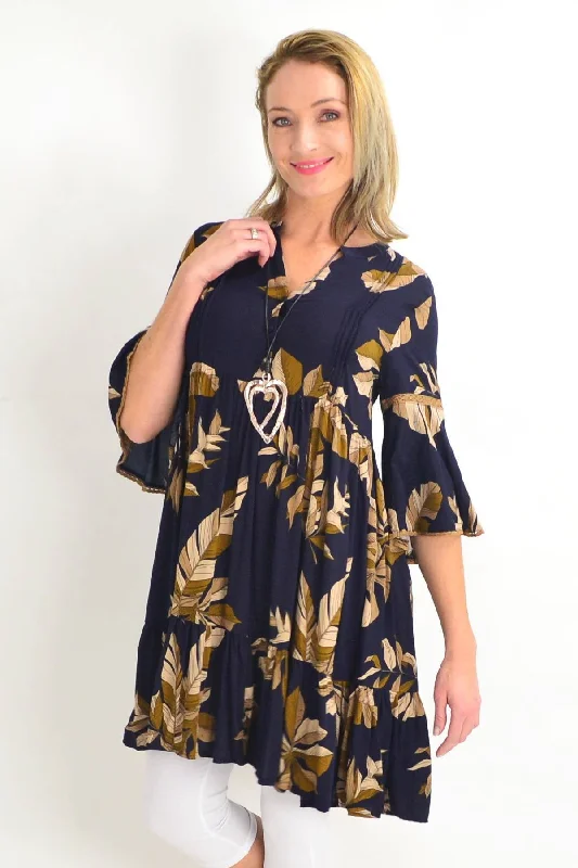 Navy Bell Cuff Tropical Leaf Tunic Dress