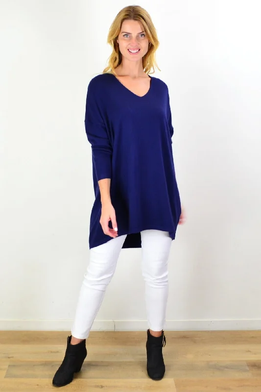 Navy Blue Wool Blend Fine Knit Tunic Top