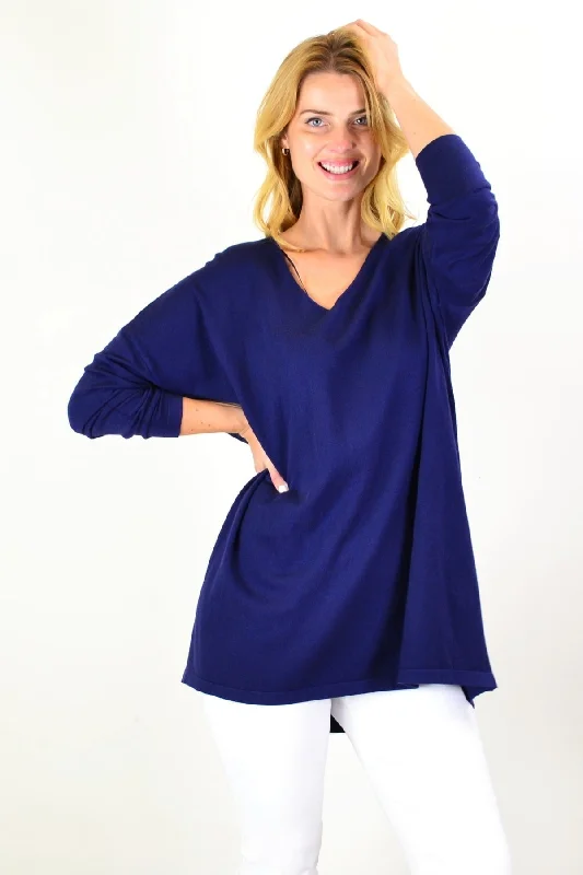 Navy Blue Wool Blend Fine Knit Tunic Top