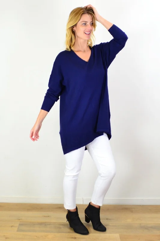 Navy Blue Wool Blend Fine Knit Tunic Top