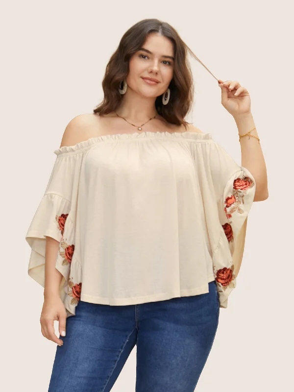 Off Shoulder Floral Embroidered Ruffle Sleeve T-shirt