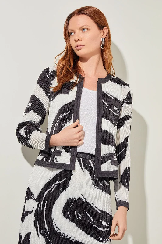 Plus Size Fine Pleat Jacket - Abstract Brushstroke Crepe de Chine