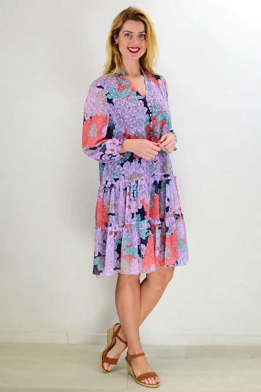 Purple Floral Print Elegant Dress