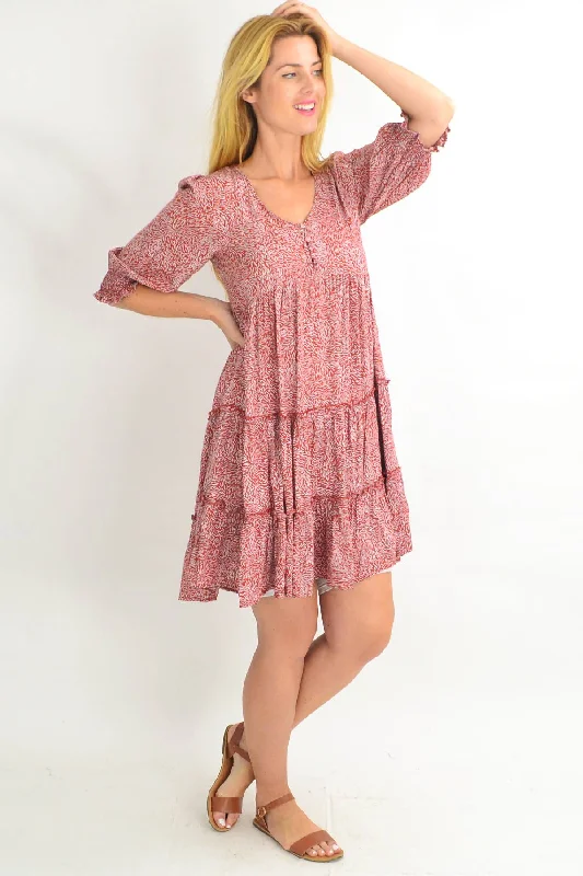 Rust Smocking Sleeve Tiered Tunic Dress