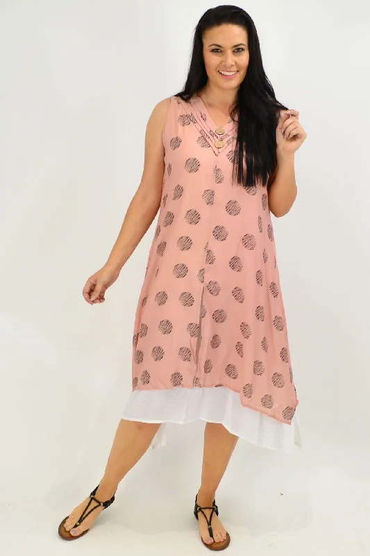 Sleeveless Dusty Pink Dots Overlay Tunic Dress