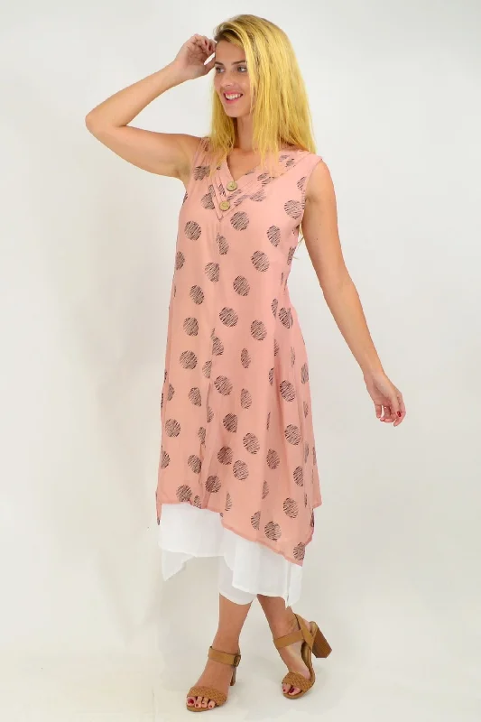 Sleeveless Dusty Pink Dots Overlay Tunic Dress