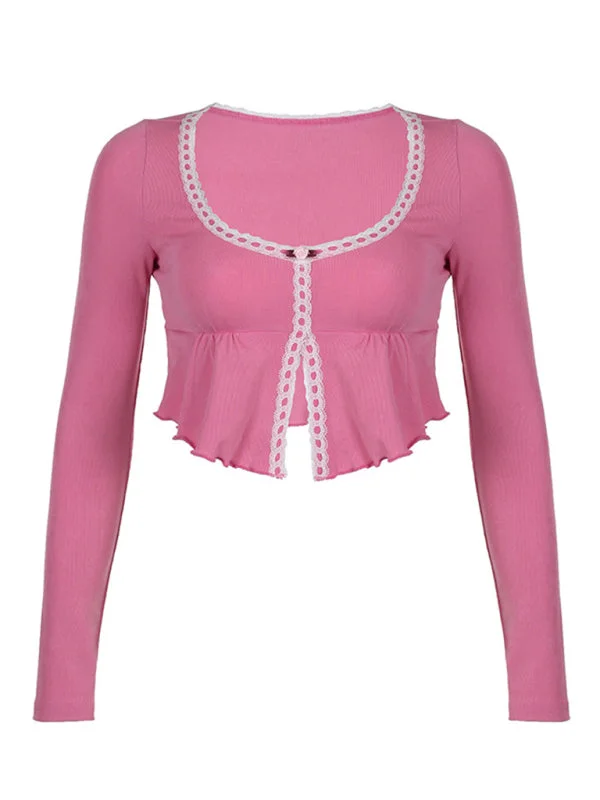 BerryBetty - U-shaped collar Y2K irregular ruffled slim long-sleeved crop top