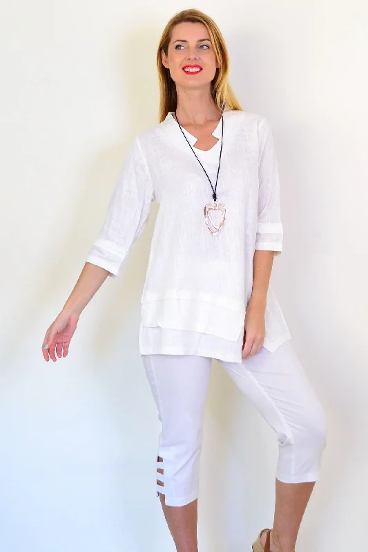 White Linen Blend Tunic Top