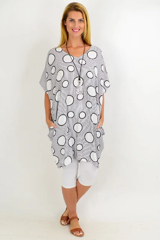 White Stripe Dot Cocoon Tunic Top