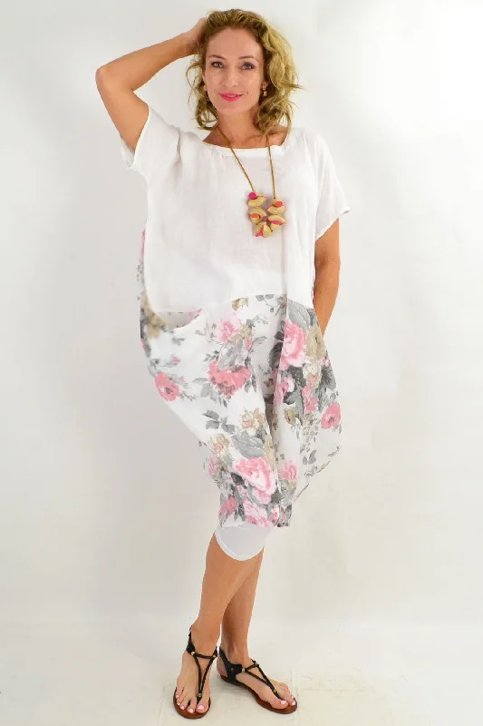 White Vintage Floral Linen Tunic Dress