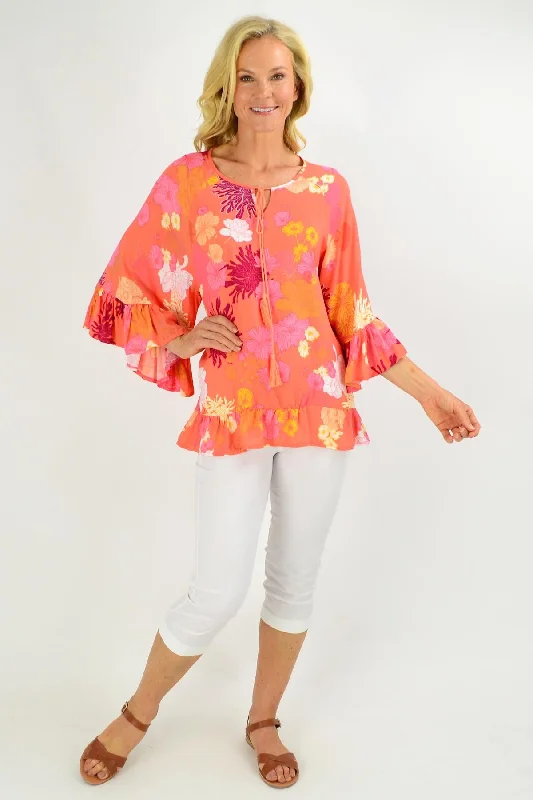 Wide Sleeve Apricot Floral Tunic Top