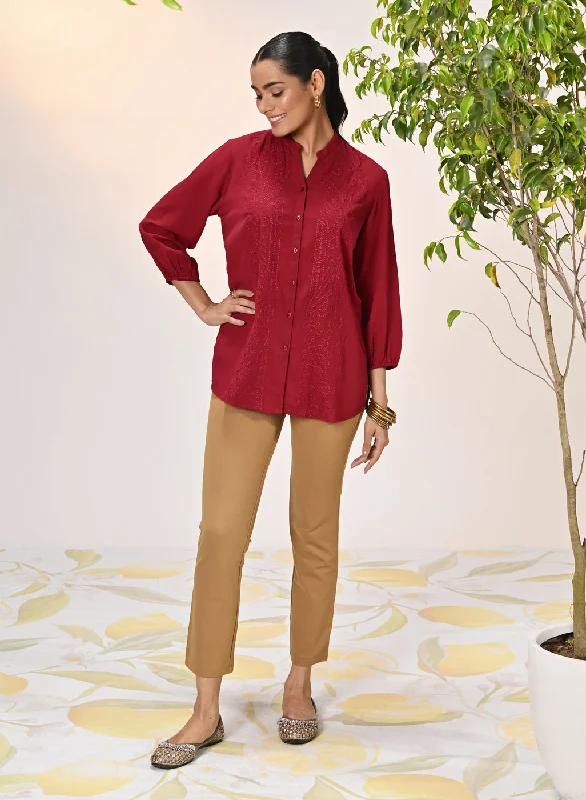 Ameera Red Embroidered Georgette Shirt for Women