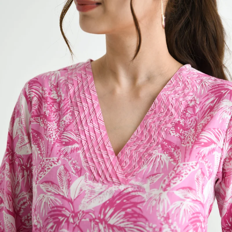 Baby Pink Abstract Printed Sanganeri Cotton Tunic with Pintuck Neckline Detail