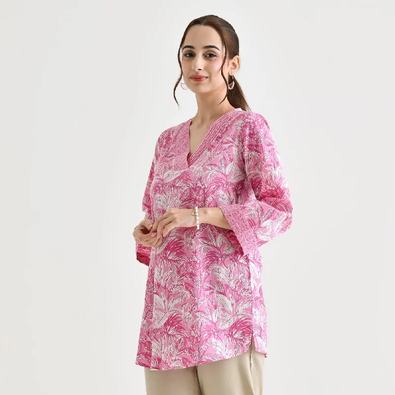 Baby Pink Abstract Printed Sanganeri Cotton Tunic with Pintuck Neckline Detail