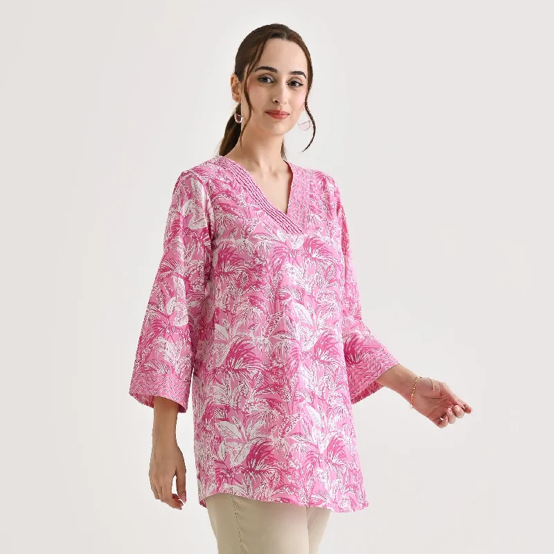 Baby Pink Abstract Printed Sanganeri Cotton Tunic with Pintuck Neckline Detail