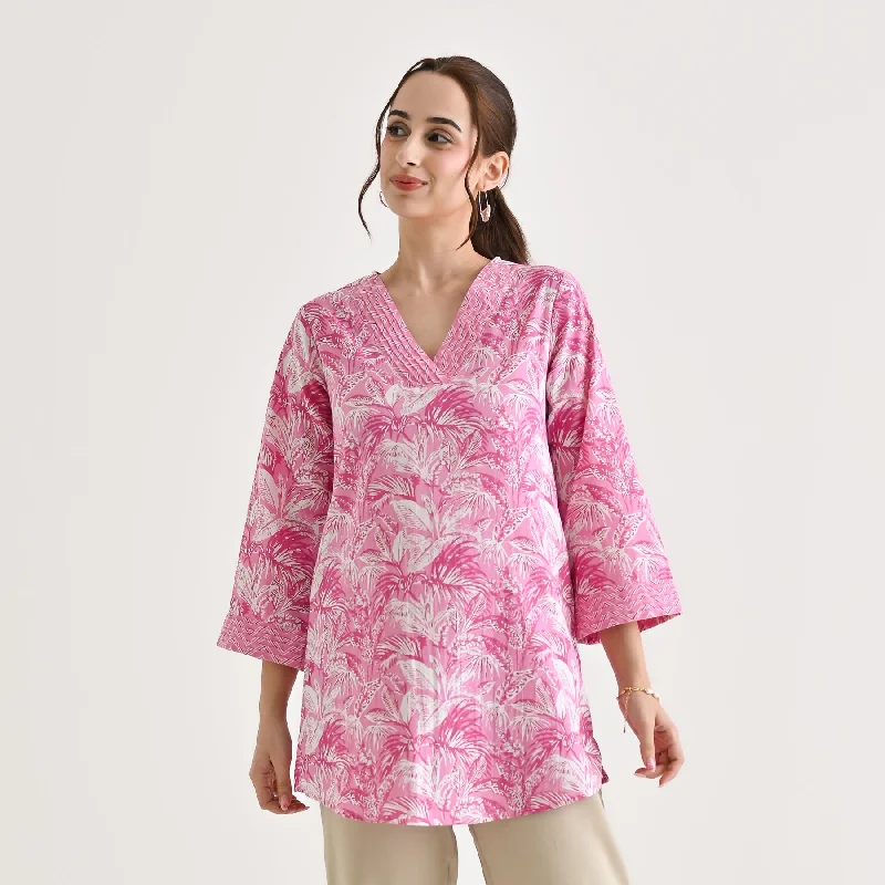 Baby Pink Abstract Printed Sanganeri Cotton Tunic with Pintuck Neckline Detail