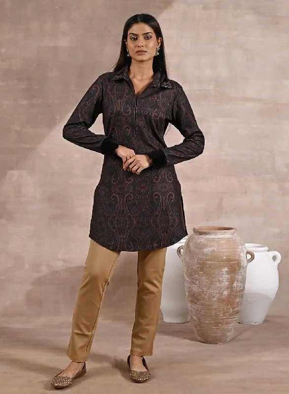 Black Printed Tunic with Embroidery on Collar