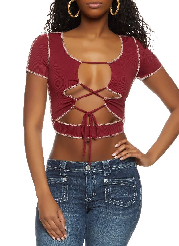 Contrast Stitch Lace Up Crop Top