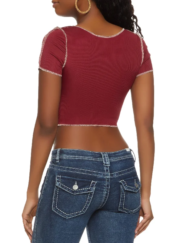 Contrast Stitch Lace Up Crop Top