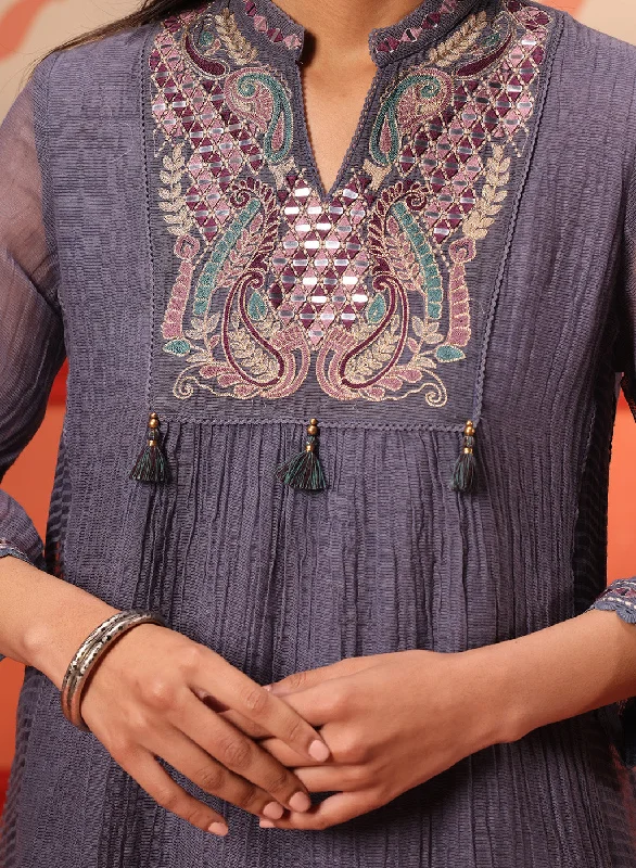 Bushra Iron Grey Embroidered Striped Chanderi Top for Women