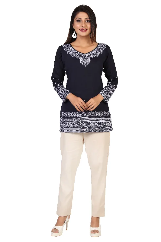 Buy Indian Kurta Online-Elegant Blue Printed Kurti Top with White Patterns