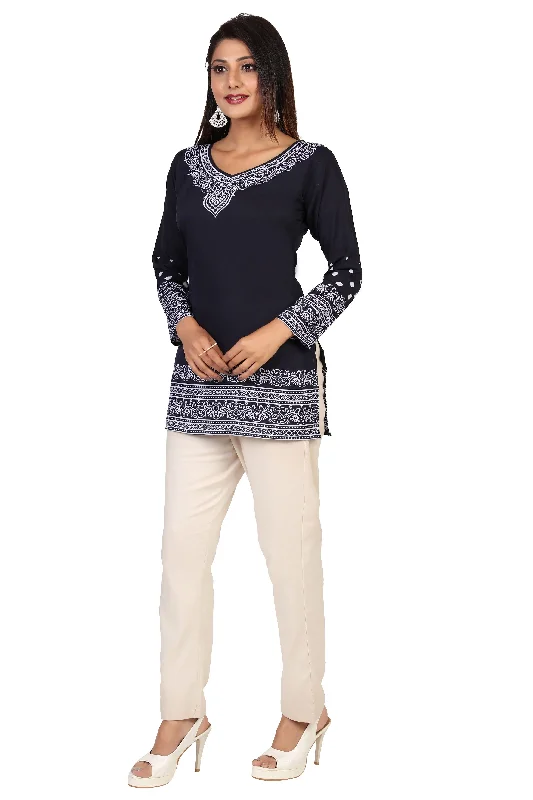 Buy Indian Kurta Online-Elegant Blue Printed Kurti Top with White Patterns