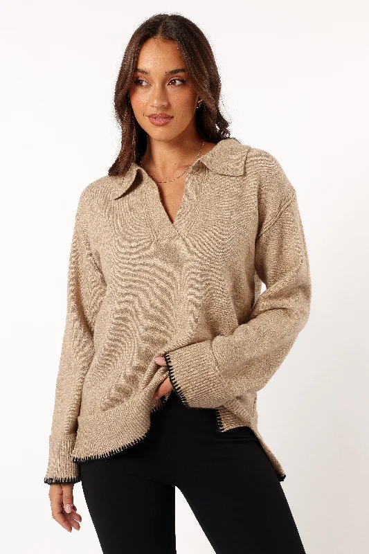 Elise Contrast Hem Knit Sweater - Taupe