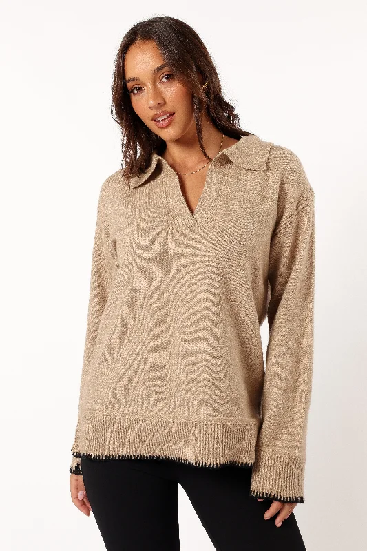 Elise Contrast Hem Knit Sweater - Taupe