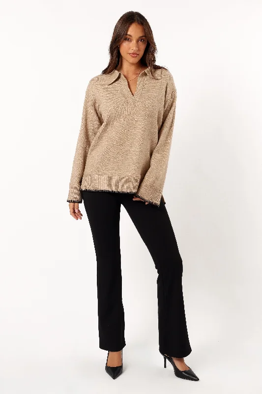 Elise Contrast Hem Knit Sweater - Taupe