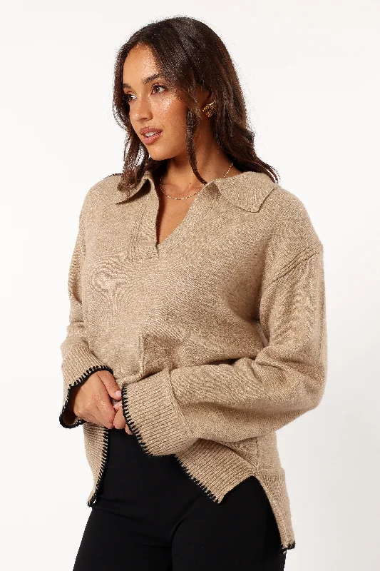 Elise Contrast Hem Knit Sweater - Taupe