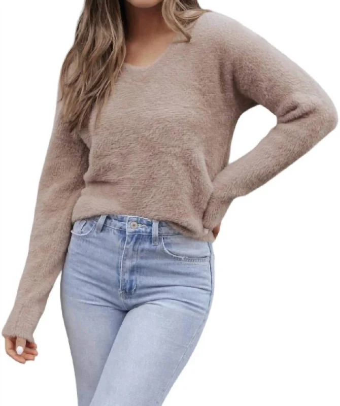 Fuzzy V Neck Sweater In Brown