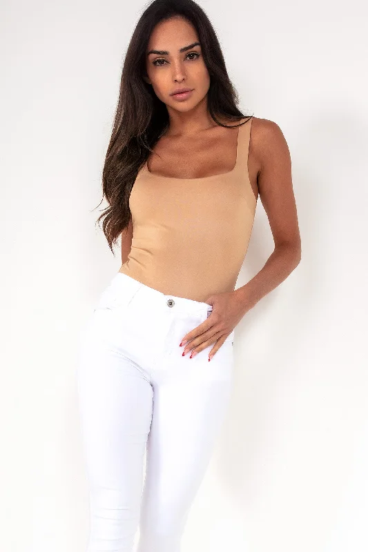 Helena Camel Scoop Neck Slinky Bodysuit