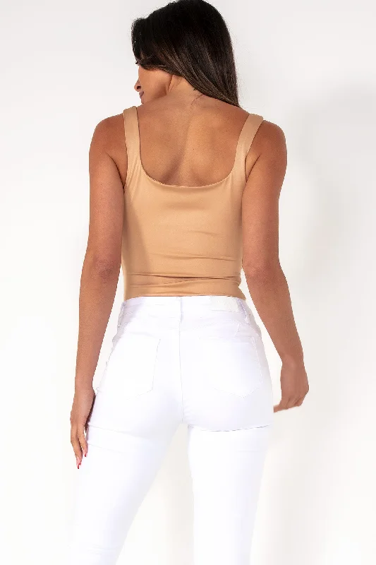 Helena Camel Scoop Neck Slinky Bodysuit