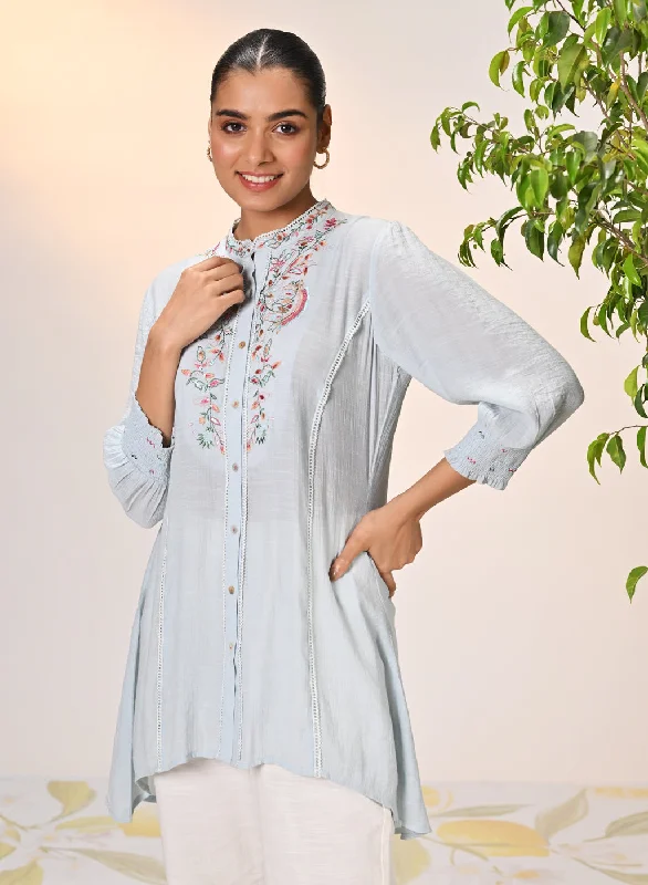 Maha Powder Blue Embroidered Crinkled Crepe Shirt for Women