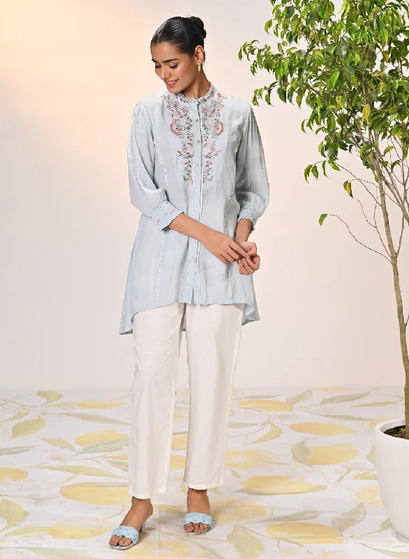 Maha Powder Blue Embroidered Crinkled Crepe Shirt for Women