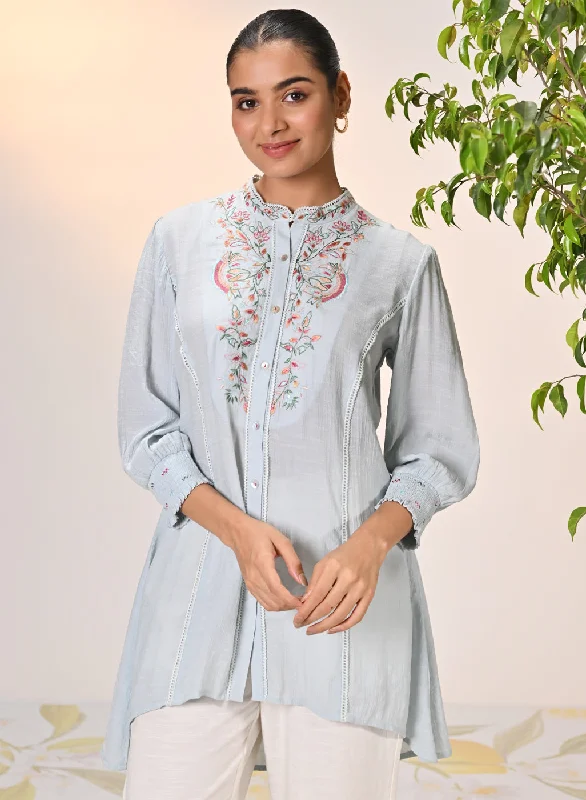 Maha Powder Blue Embroidered Crinkled Crepe Shirt for Women