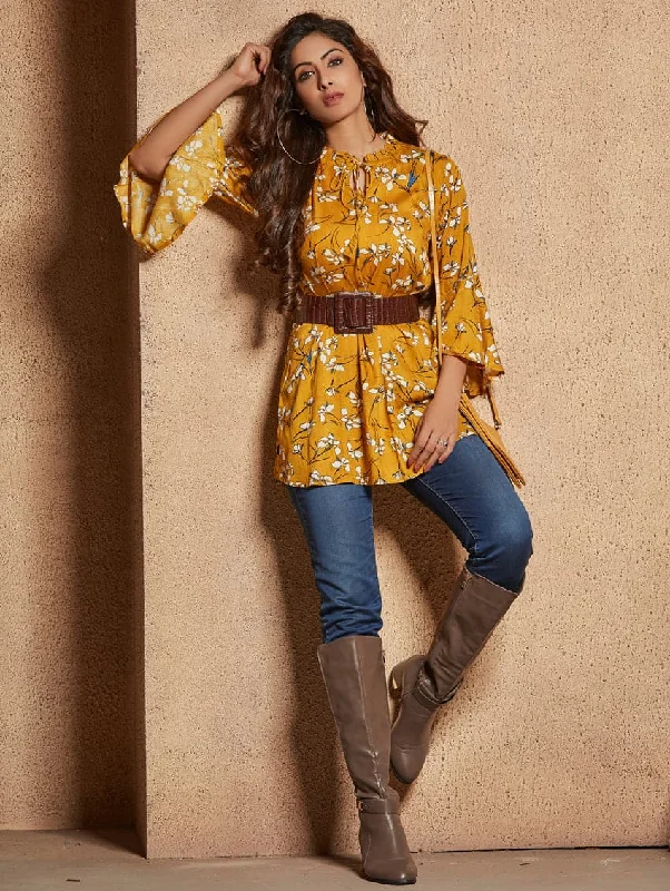 Mustard Floral Printed Rayon Tunic 1603