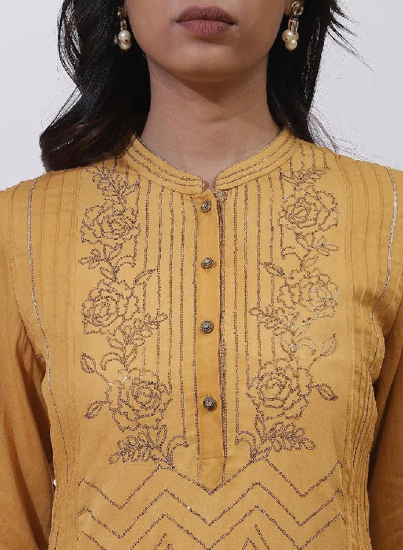 Mustard Sequins Work Pleated Kurta