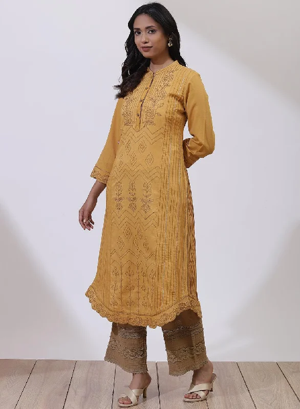 Mustard Sequins Work Pleated Kurta