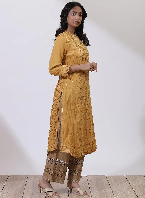 Mustard Sequins Work Pleated Kurta