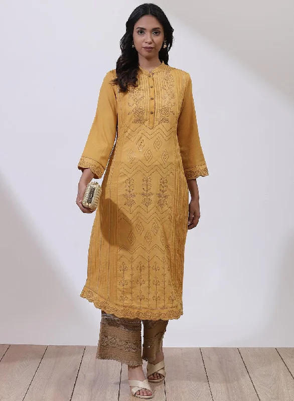 Mustard Sequins Work Pleated Kurta