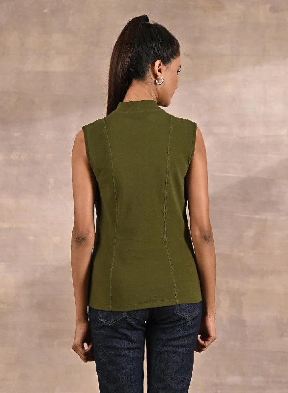 Olive Sleeveless Winter Top with Fine Stich Detailing