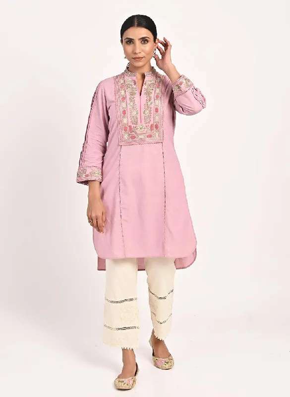 Pink Embroidered Band Collar Tunic with Front Yoke Embroidery