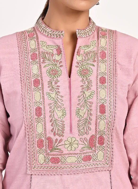 Pink Embroidered Band Collar Tunic with Front Yoke Embroidery