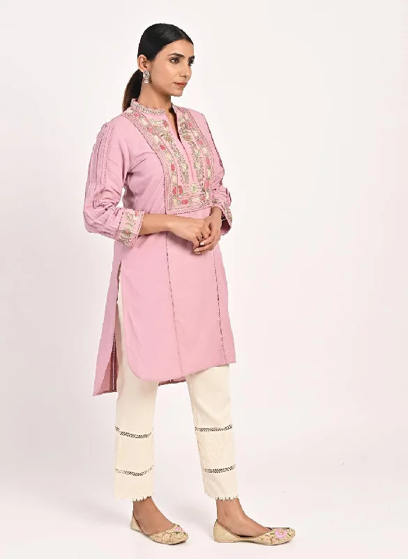 Pink Embroidered Band Collar Tunic with Front Yoke Embroidery