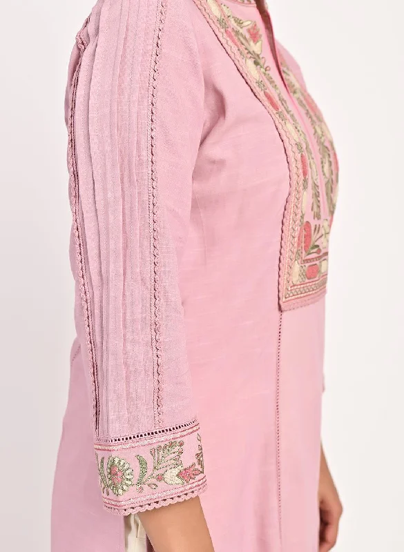 Pink Embroidered Band Collar Tunic with Front Yoke Embroidery