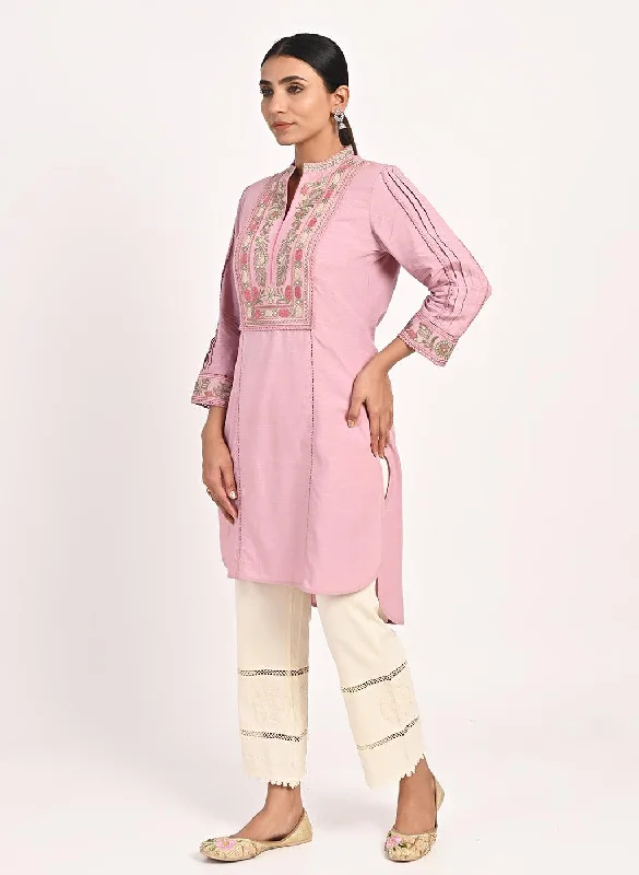 Pink Embroidered Band Collar Tunic with Front Yoke Embroidery